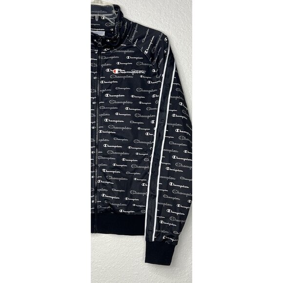 Champion Full Zip Track Jacket Sz L With Pockets Black All Over Print Arm Stripe - Picture 2 of 10